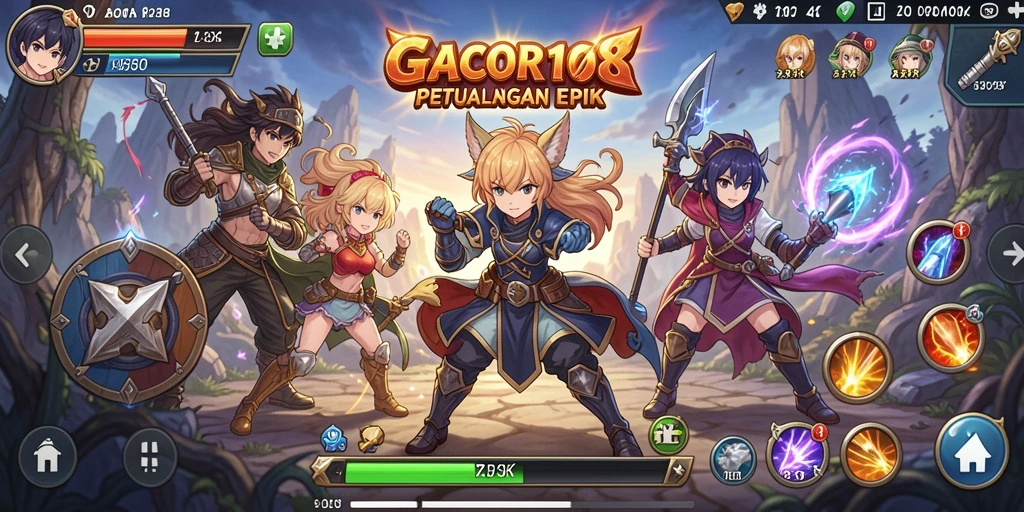 Screenshot utama GACOR108 menampilkan karakter anime dalam aksi pertarungan.