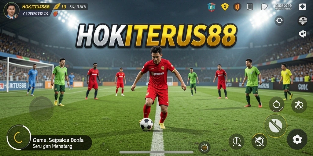 Screenshot gameplay HOKITERUS88 menunjukkan pertarungan sengit di lapangan sepak bola.