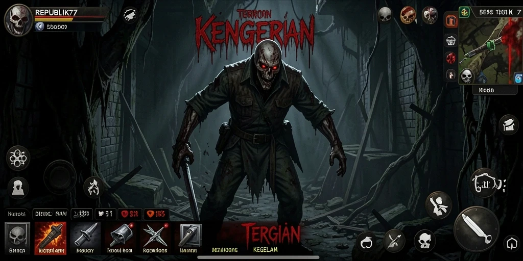 Tampilan gameplay REPUBLIK77 yang menegangkan dan menyeramkan.